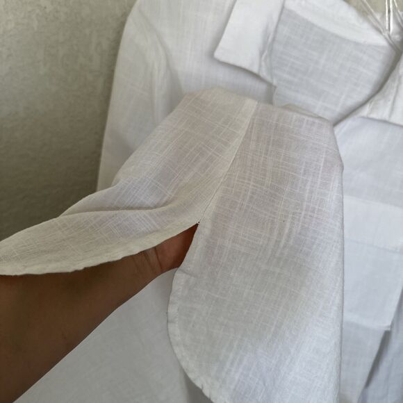 White Linen Collarless Button Shirt Roll Tab Sleeve Women’s Size XL Pock… - Picture 8 of 11